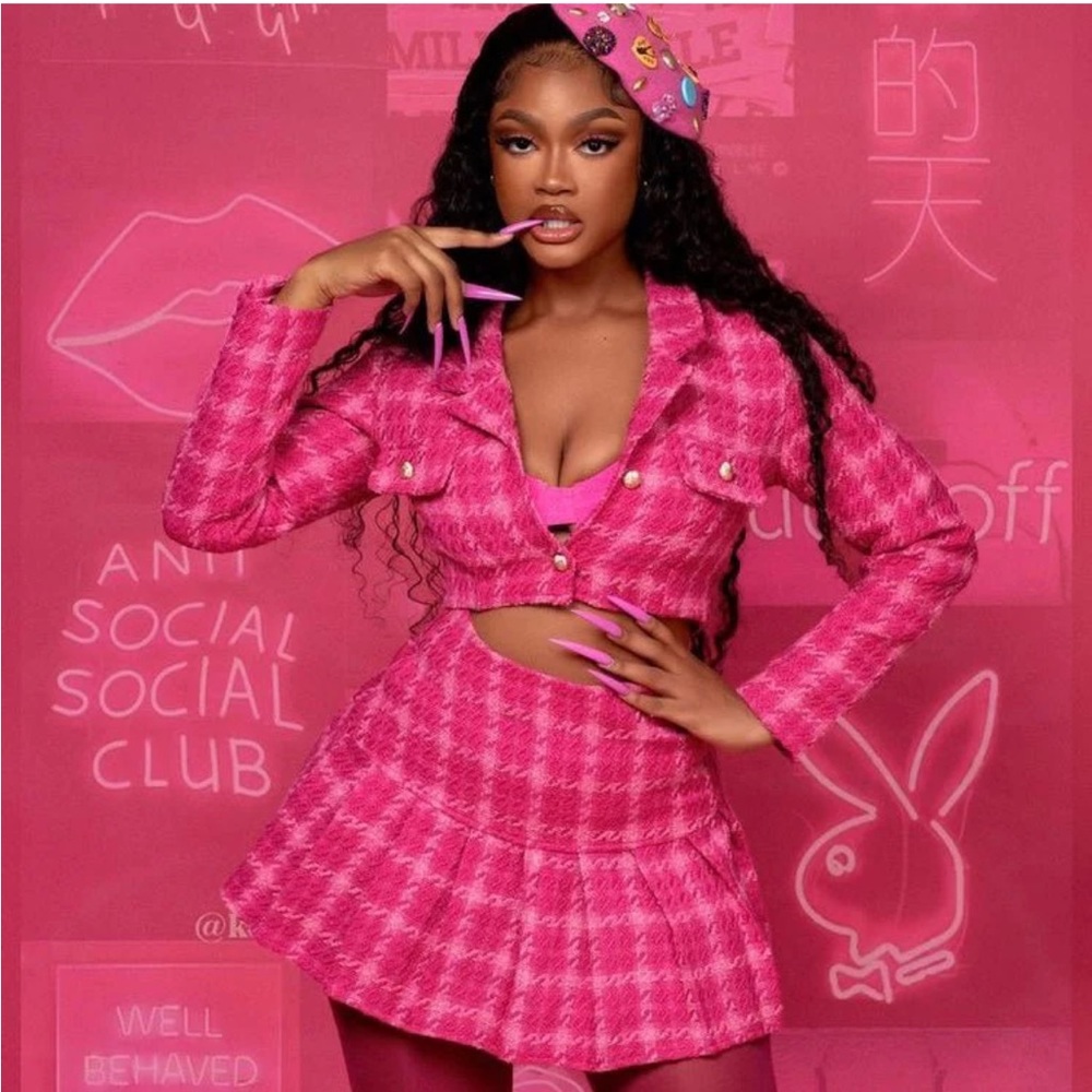 Pink Plaid Skirt Set - Pink Two-Piece Women's Outfit